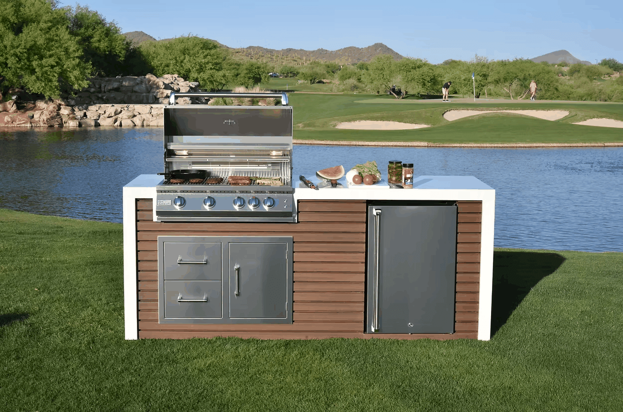 Kokomo 7'6" Shiplap Outdoor Kitchen Island with 4-Burner Grill & Waterfall Countertop