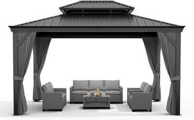 12'X14' Hardtop Gazebo, Heavy Duty Aluminum Permanent Hardtop Gazebo Outdoor Pavilion with Curtains and Netting for Garden