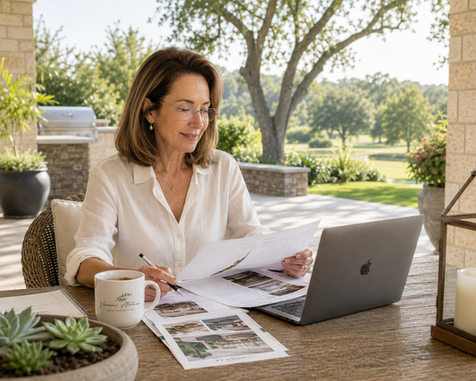Verani Atelier founder reviewing outdoor living products on a sunlit patio