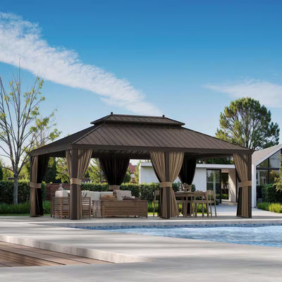 14' × 20' Aluminum Hardtop Gazebo with Double Steel Roof, Curtains & Netting