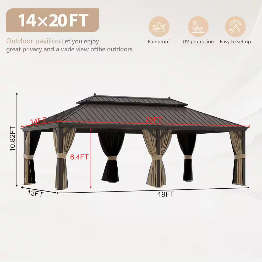 14 Ft. X 20 Ft. Double Galvanized Steel Roof Aluminum Frame Outdoor Patio Hardtop Gazebo with Netting and Curtains