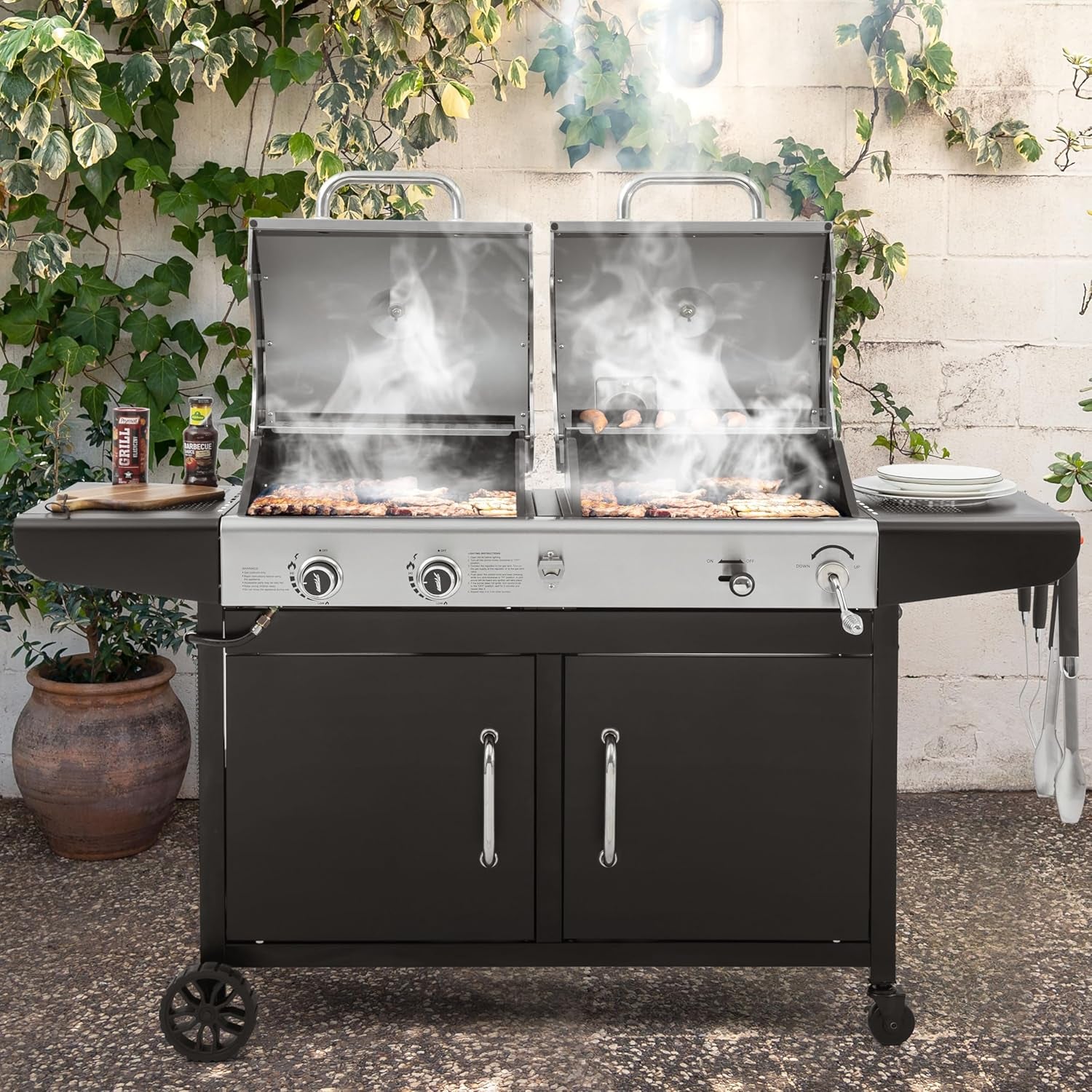 ZH3002N 2-Burner Propane Gas and Charcoal Grill Combo | Dual Fuel BBQ Grill with Two Side Shelves, Stainless Steel Lid, for Outdoor Patio Backyard Barbecue, 20,000 Btus, 759 Sq. In.