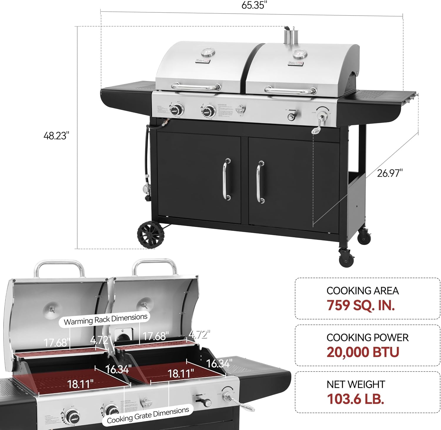 ZH3002N 2-Burner Propane Gas and Charcoal Grill Combo | Dual Fuel BBQ Grill with Two Side Shelves, Stainless Steel Lid, for Outdoor Patio Backyard Barbecue, 20,000 Btus, 759 Sq. In.