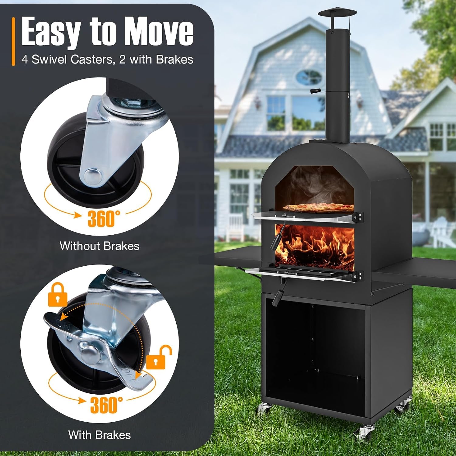 Outdoor Pizza Oven Wood Fired, Pizza Maker on Wheels | 2 Side Tables, Built-In Thermometer, Pizza Stone, Pizza Peel, Cover, Cooking Grids, for Camping Backyard BBQ Party