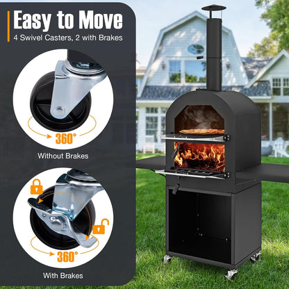 Outdoor Pizza Oven Wood Fired, Pizza Maker on Wheels | 2 Side Tables, Built-In Thermometer, Pizza Stone, Pizza Peel, Cover, Cooking Grids, for Camping Backyard BBQ Party