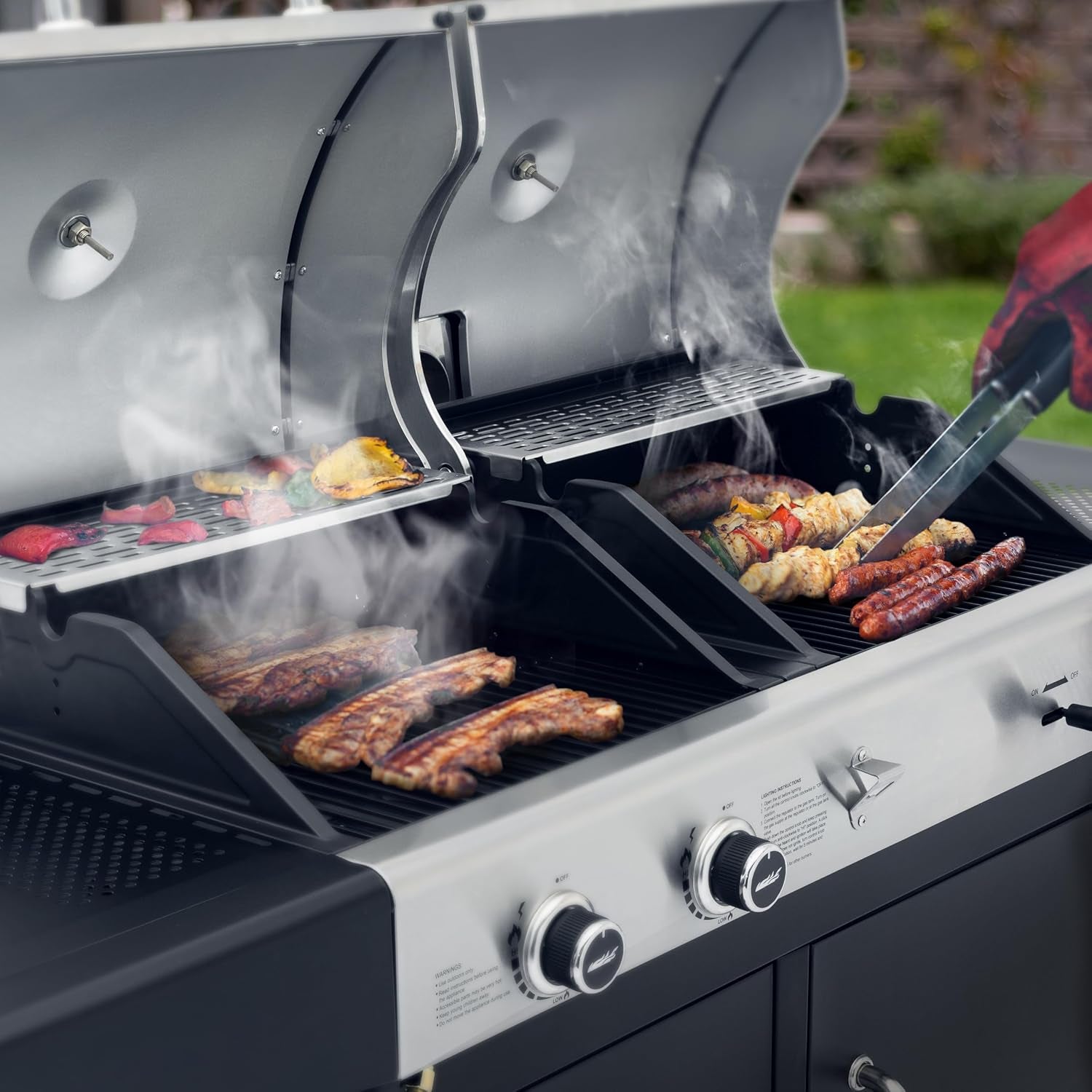 ZH3002N 2-Burner Propane Gas and Charcoal Grill Combo | Dual Fuel BBQ Grill with Two Side Shelves, Stainless Steel Lid, for Outdoor Patio Backyard Barbecue, 20,000 Btus, 759 Sq. In.