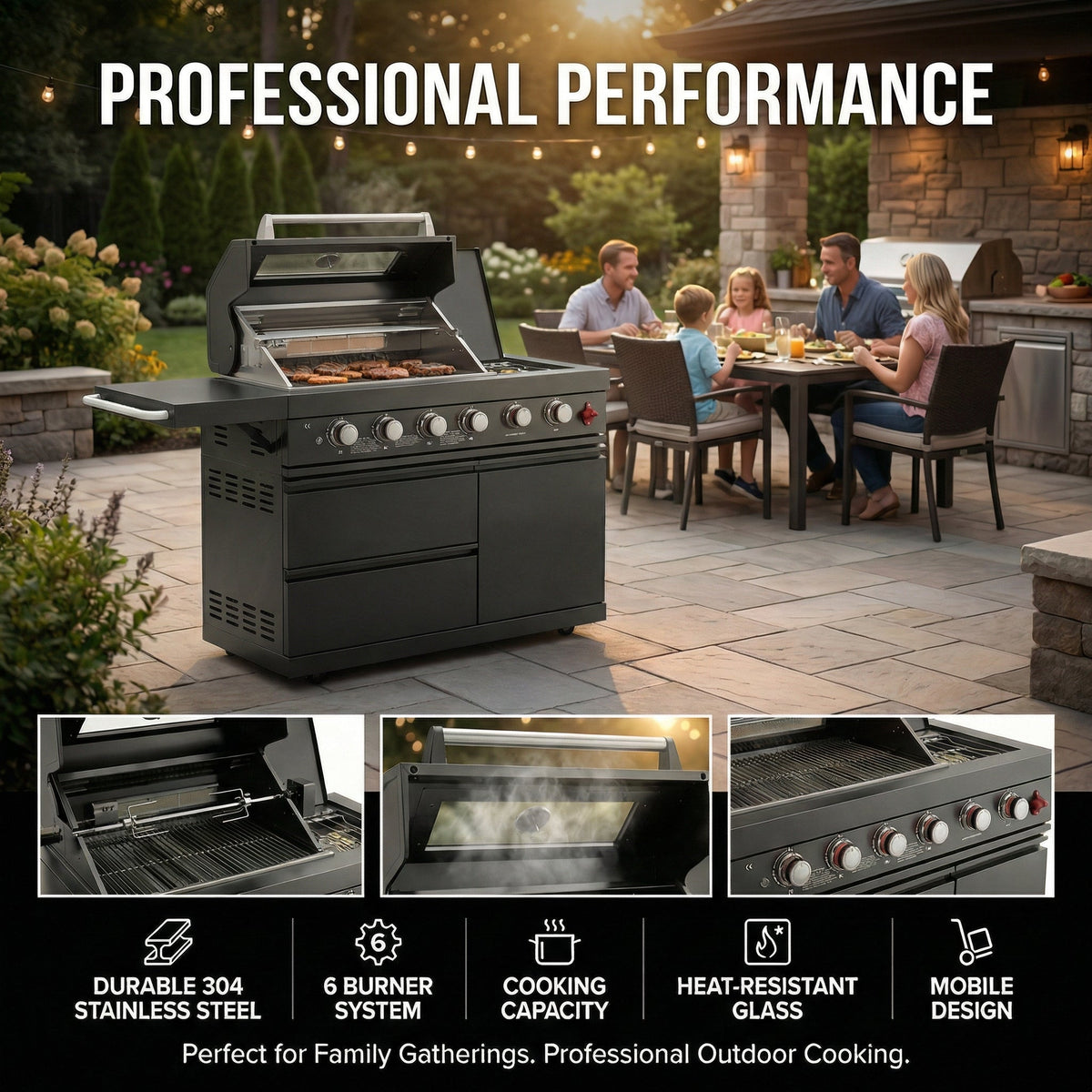 46" Deluxe Stainless Steel Freestanding Gas Grill with Granite Countertop & Rotisserie