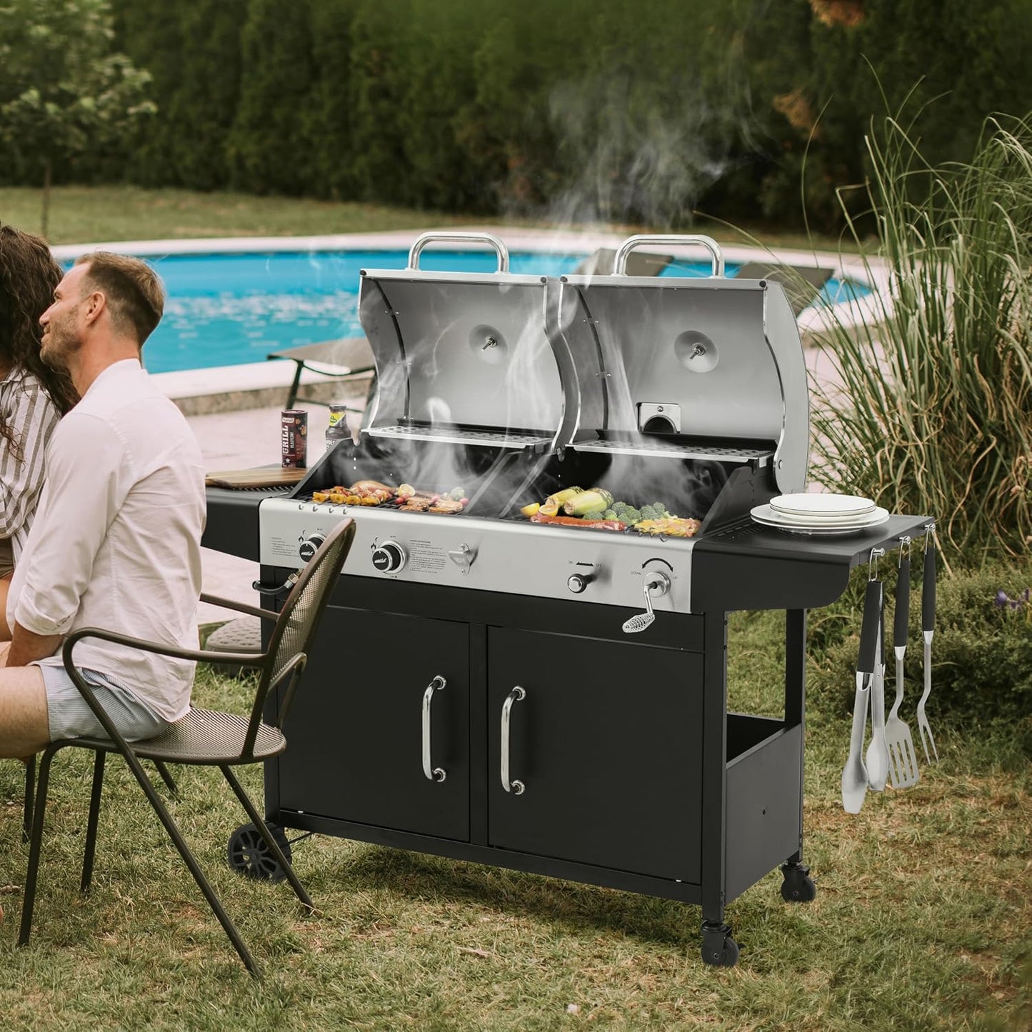 ZH3002N 2-Burner Propane Gas and Charcoal Grill Combo | Dual Fuel BBQ Grill with Two Side Shelves, Stainless Steel Lid, for Outdoor Patio Backyard Barbecue, 20,000 Btus, 759 Sq. In.