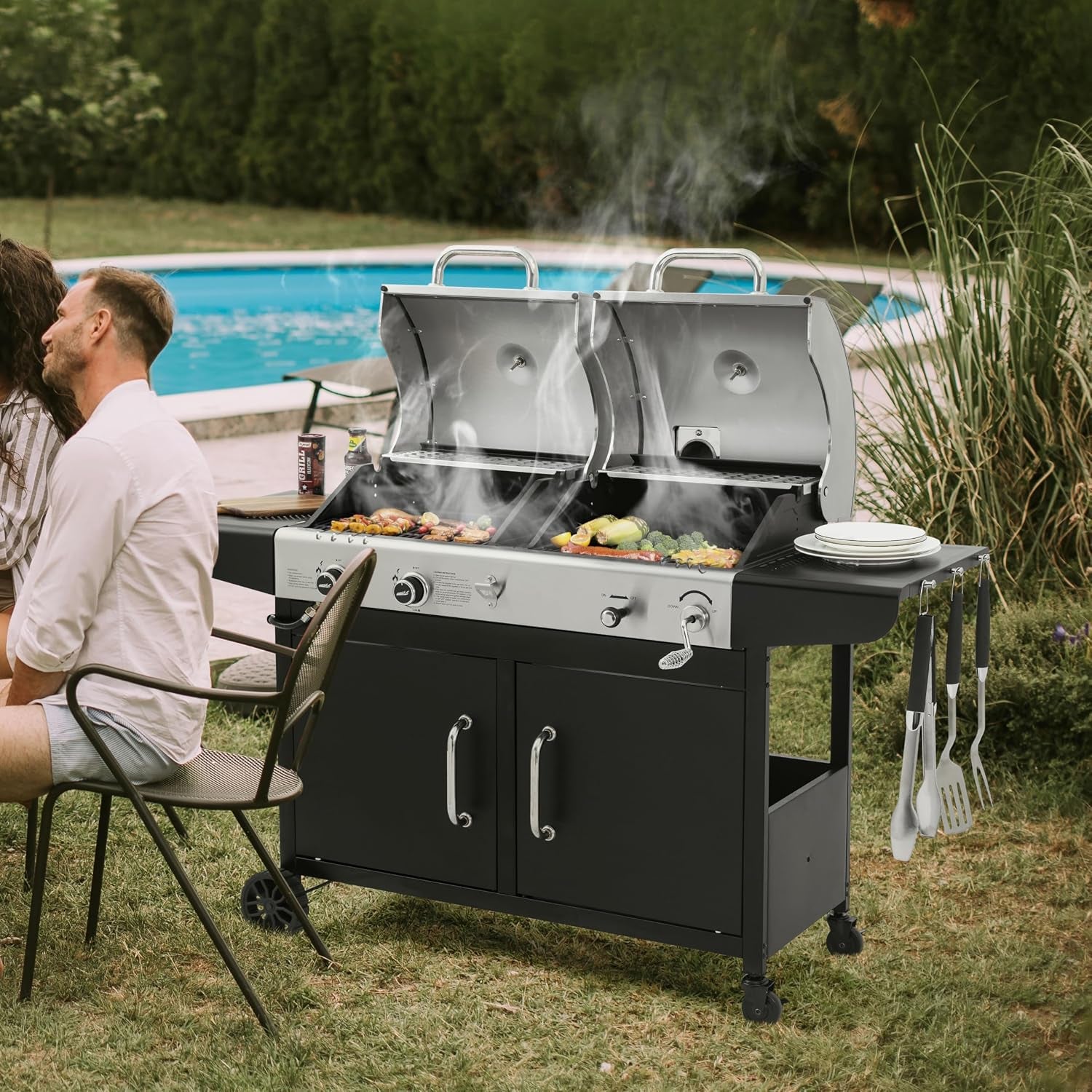 ZH3002N 2-Burner Propane Gas and Charcoal Grill Combo | Dual Fuel BBQ Grill with Two Side Shelves, Stainless Steel Lid, for Outdoor Patio Backyard Barbecue, 20,000 Btus, 759 Sq. In.