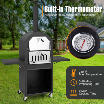 Outdoor Pizza Oven Wood Fired, Pizza Maker on Wheels | 2 Side Tables, Built-In Thermometer, Pizza Stone, Pizza Peel, Cover, Cooking Grids, for Camping Backyard BBQ Party