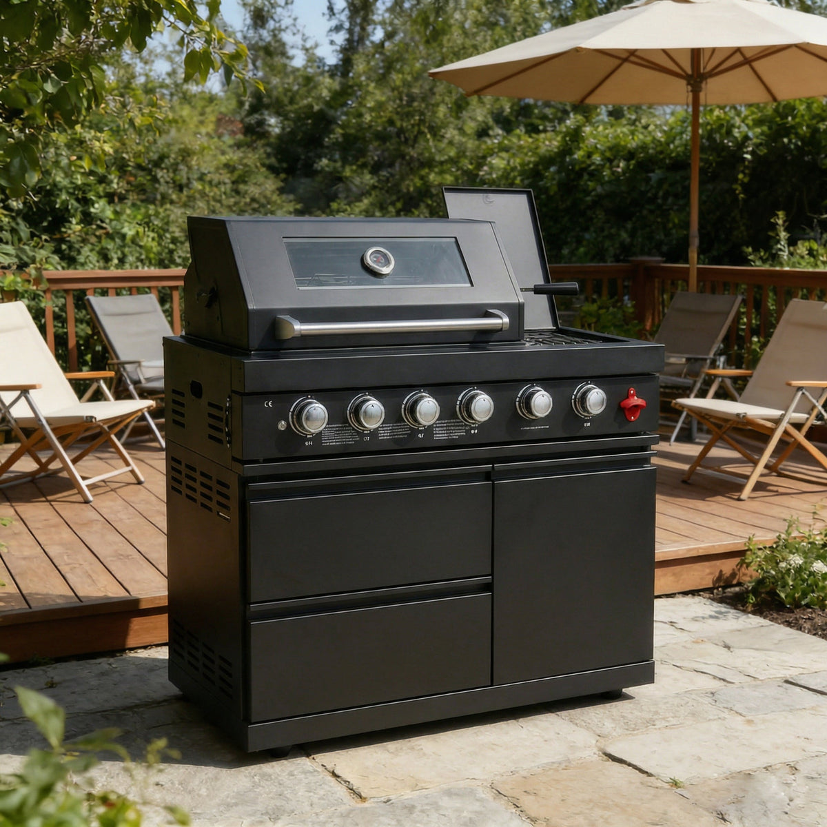 46" Deluxe Stainless Steel Freestanding Gas Grill with Granite Countertop & Rotisserie