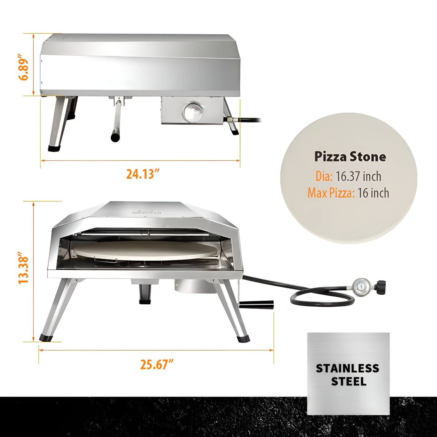16 In. Propane Pizza Oven, Outdoor Pizza Oven in Stainless Steel, W/Rotating Pizza Stone