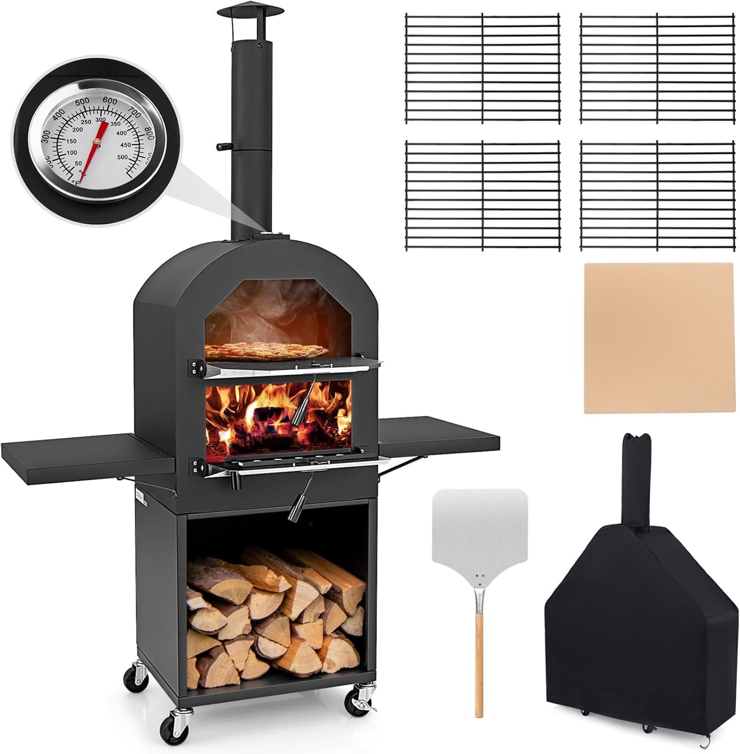 Outdoor Pizza Oven Wood Fired, Pizza Maker on Wheels | 2 Side Tables, Built-In Thermometer, Pizza Stone, Pizza Peel, Cover, Cooking Grids, for Camping Backyard BBQ Party