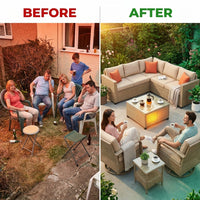 9 Pieces Patio Furniture Set outside Furniture Wicker Patio Conversation Set with Swivel Chairs, Outdoor Furniture for Garden, Beige — Before & After