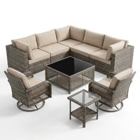 9 Pieces Patio Furniture Set outside Furniture Wicker Patio Conversation Set with Swivel Chairs, Outdoor Furniture for Garden, Beige — Studio Shot