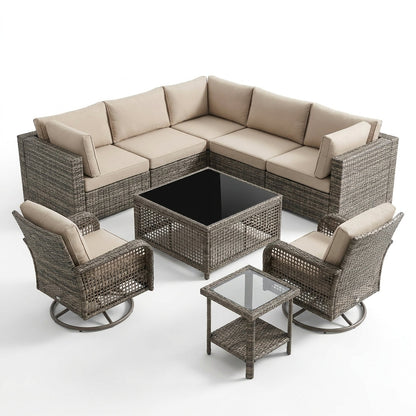 9 Pieces Patio Furniture Set outside Furniture Wicker Patio Conversation Set with Swivel Chairs, Outdoor Furniture for Garden, Beige — Studio Shot