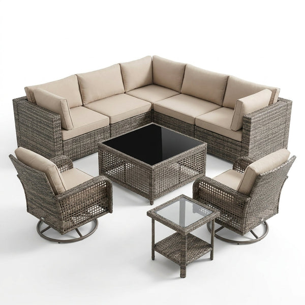 9 Pieces Patio Furniture Set outside Furniture Wicker Patio Conversation Set with Swivel Chairs, Outdoor Furniture for Garden, Beige — Studio Shot