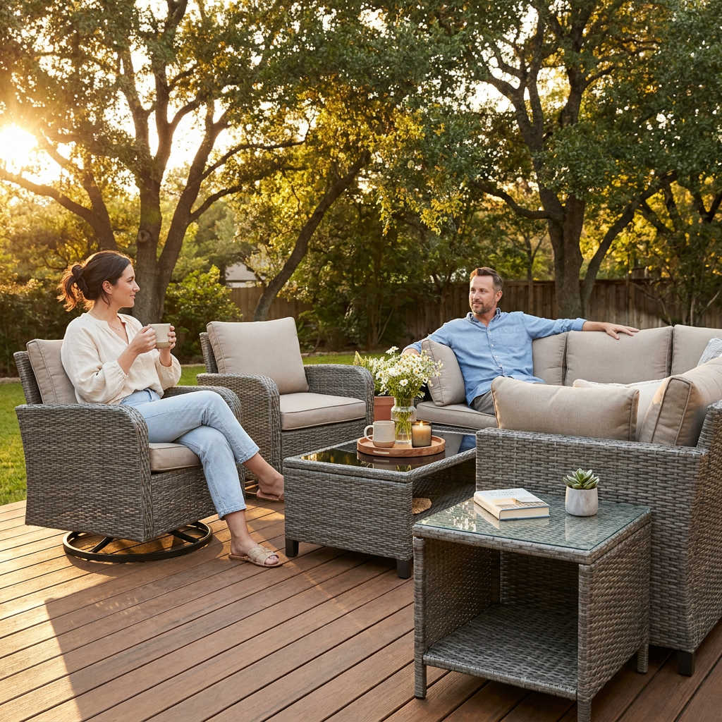 9 Pieces Patio Furniture Set outside Furniture Wicker Patio Conversation Set with Swivel Chairs, Outdoor Furniture for Garden, Beige — Lifestyle