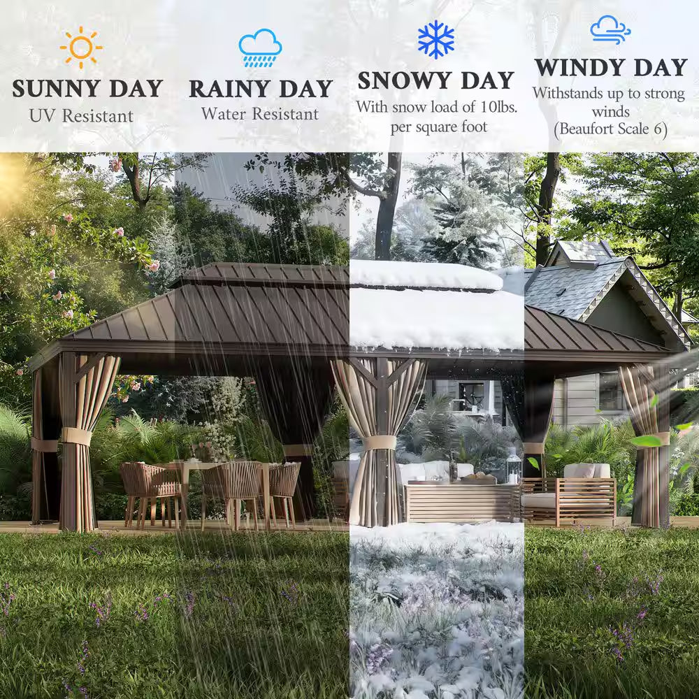14 Ft. X 20 Ft. Double Galvanized Steel Roof Aluminum Frame Outdoor Patio Hardtop Gazebo with Netting and Curtains