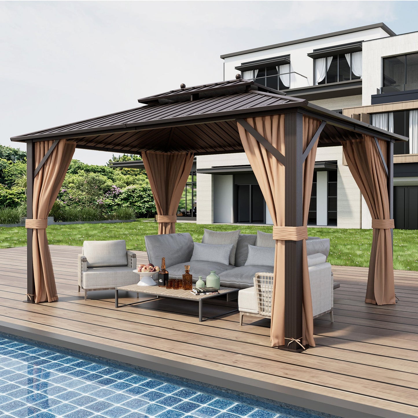10' x 13' Hardtop Outdoor Gazebo with Curtains & Mosquito Netting