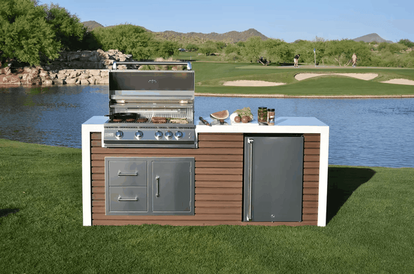Kokomo 7'6" Shiplap Outdoor Kitchen Island with 4-Burner Grill & Waterfall Countertop