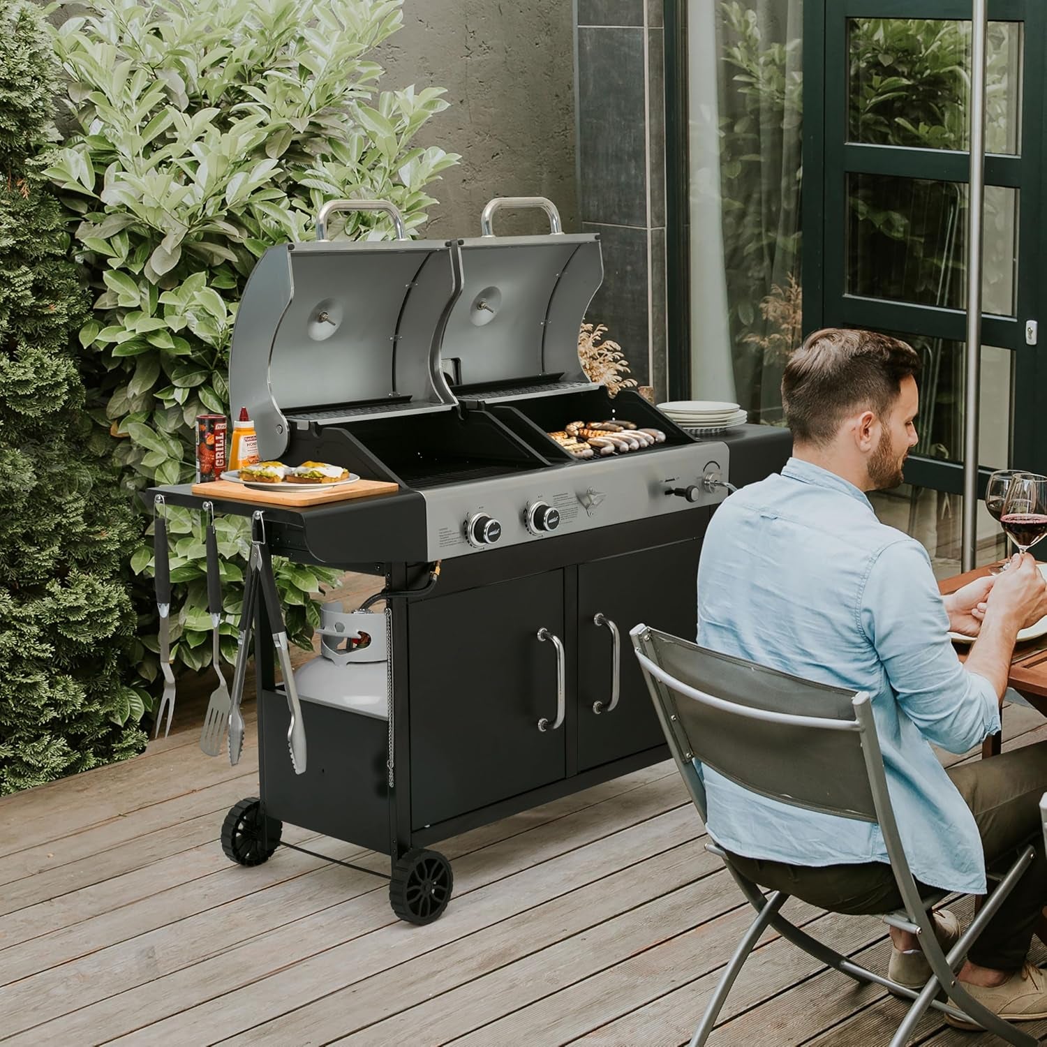 ZH3002N 2-Burner Propane Gas and Charcoal Grill Combo | Dual Fuel BBQ Grill with Two Side Shelves, Stainless Steel Lid, for Outdoor Patio Backyard Barbecue, 20,000 Btus, 759 Sq. In.