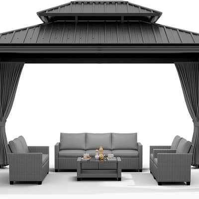 12'X14' Hardtop Gazebo, Heavy Duty Aluminum Permanent Hardtop Gazebo Outdoor Pavilion with Curtains and Netting for Garden