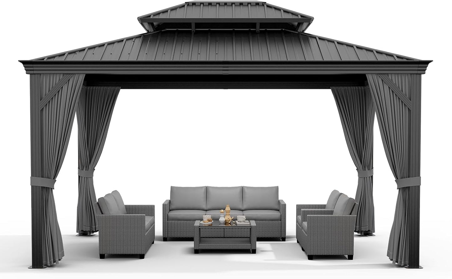 12'X14' Hardtop Gazebo, Heavy Duty Aluminum Permanent Hardtop Gazebo Outdoor Pavilion with Curtains and Netting for Garden