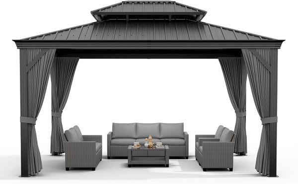 12'X14' Hardtop Gazebo, Heavy Duty Aluminum Permanent Hardtop Gazebo Outdoor Pavilion with Curtains and Netting for Garden