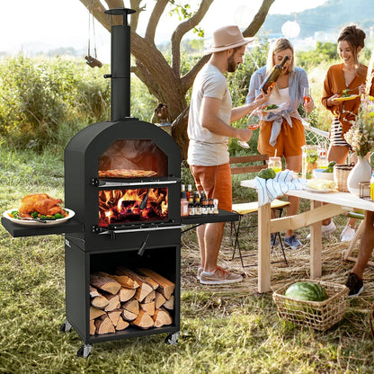 Outdoor Pizza Oven Wood Fired, Pizza Maker on Wheels | 2 Side Tables, Built-In Thermometer, Pizza Stone, Pizza Peel, Cover, Cooking Grids, for Camping Backyard BBQ Party