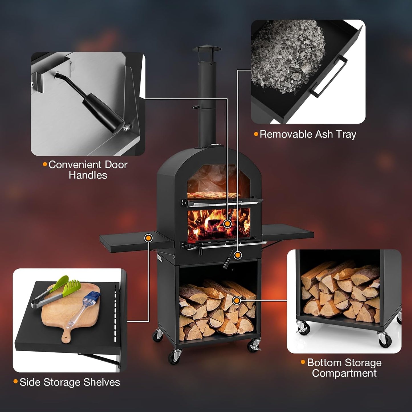 Outdoor Pizza Oven Wood Fired, Pizza Maker on Wheels | 2 Side Tables, Built-In Thermometer, Pizza Stone, Pizza Peel, Cover, Cooking Grids, for Camping Backyard BBQ Party