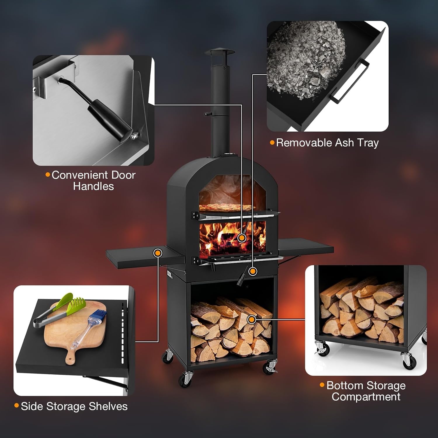 Outdoor Pizza Oven Wood Fired, Pizza Maker on Wheels | 2 Side Tables, Built-In Thermometer, Pizza Stone, Pizza Peel, Cover, Cooking Grids, for Camping Backyard BBQ Party