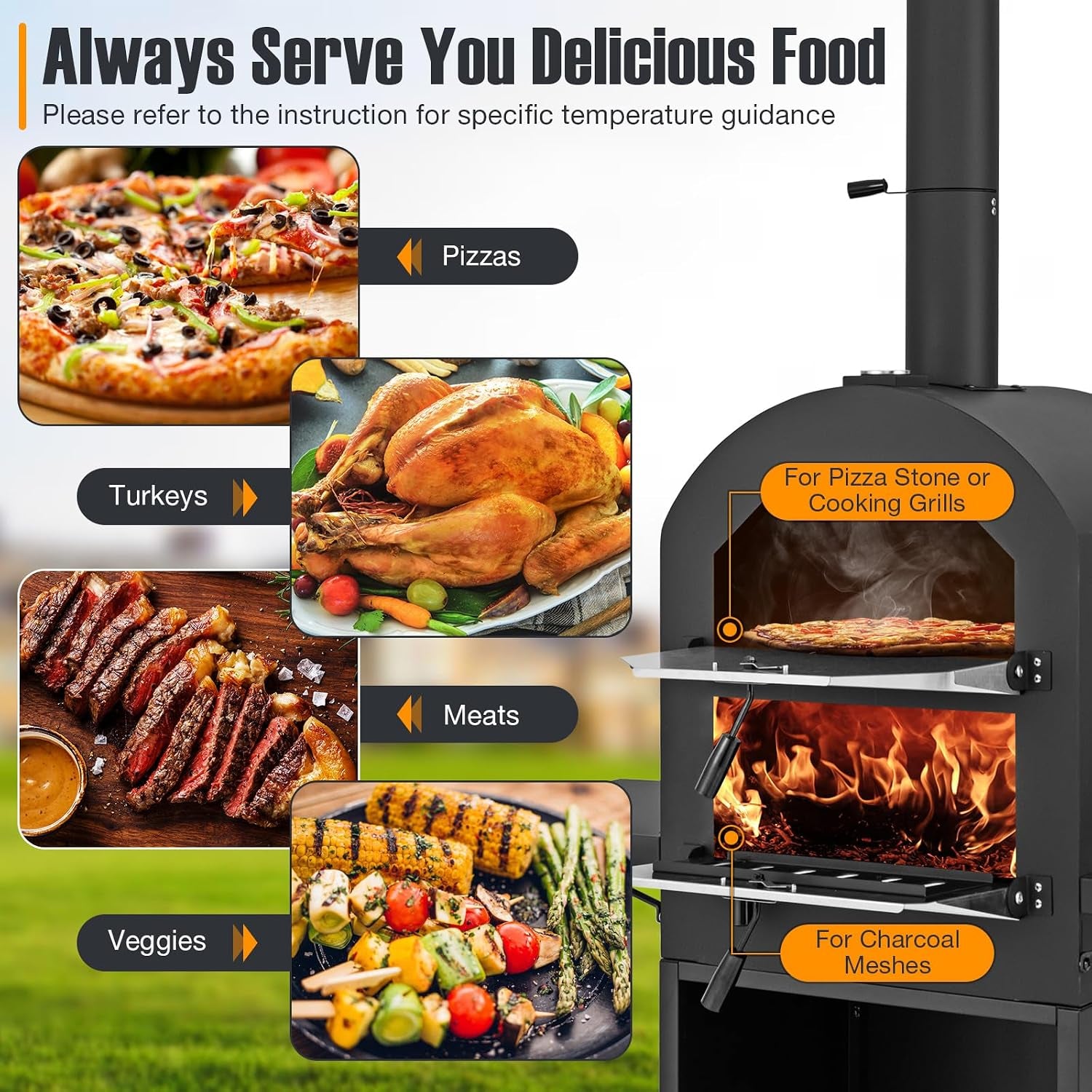Outdoor Pizza Oven Wood Fired, Pizza Maker on Wheels | 2 Side Tables, Built-In Thermometer, Pizza Stone, Pizza Peel, Cover, Cooking Grids, for Camping Backyard BBQ Party