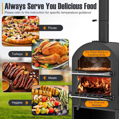 Outdoor Pizza Oven Wood Fired, Pizza Maker on Wheels | 2 Side Tables, Built-In Thermometer, Pizza Stone, Pizza Peel, Cover, Cooking Grids, for Camping Backyard BBQ Party
