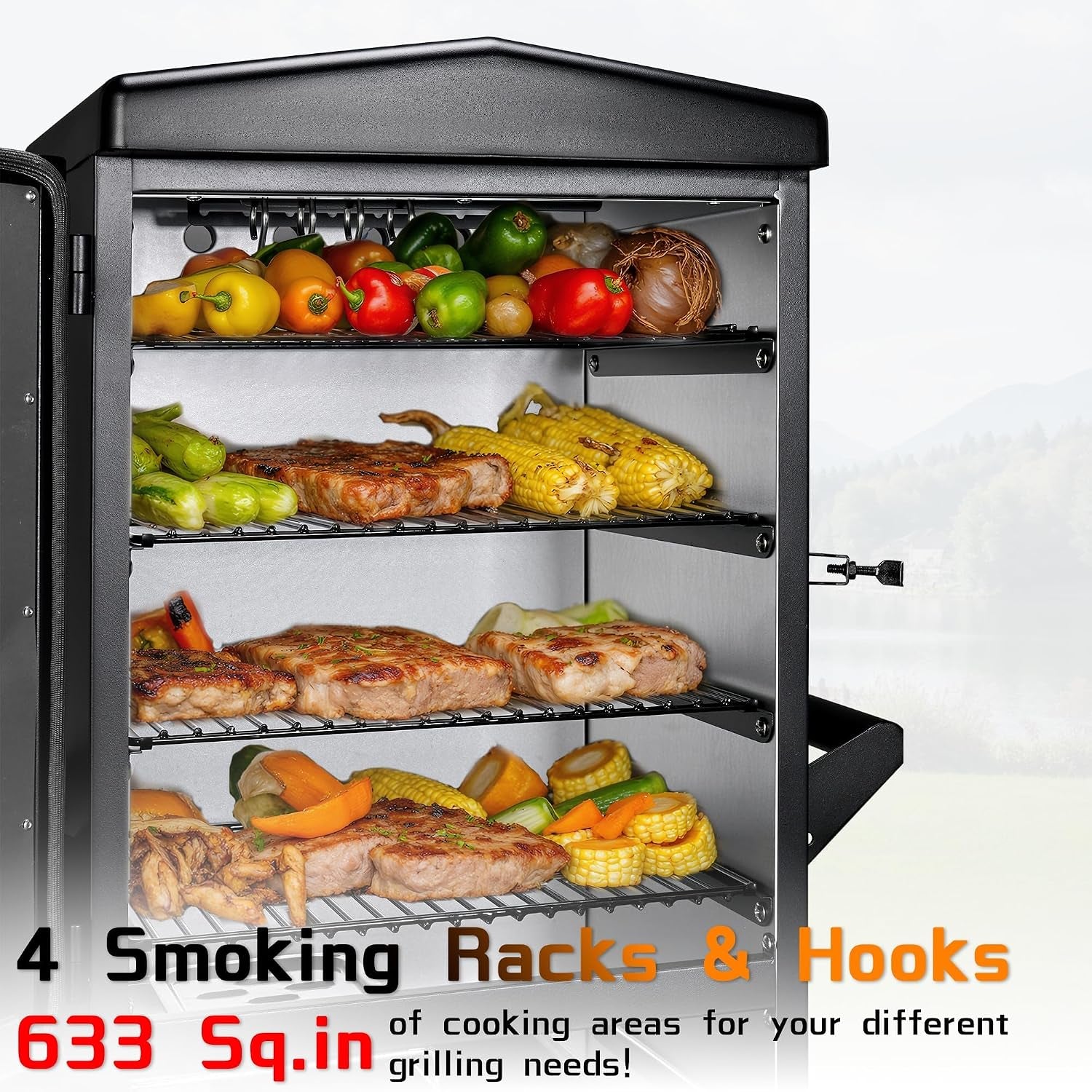Large Vertical Electric Smoker Grill – 633 Sq in | 4-Rack BBQ Smoker with Built-In Meat Probe, Wood Chip Loader &Weather-Resistant Cover – Perfect for Steak, Fish, Ribs (Black)