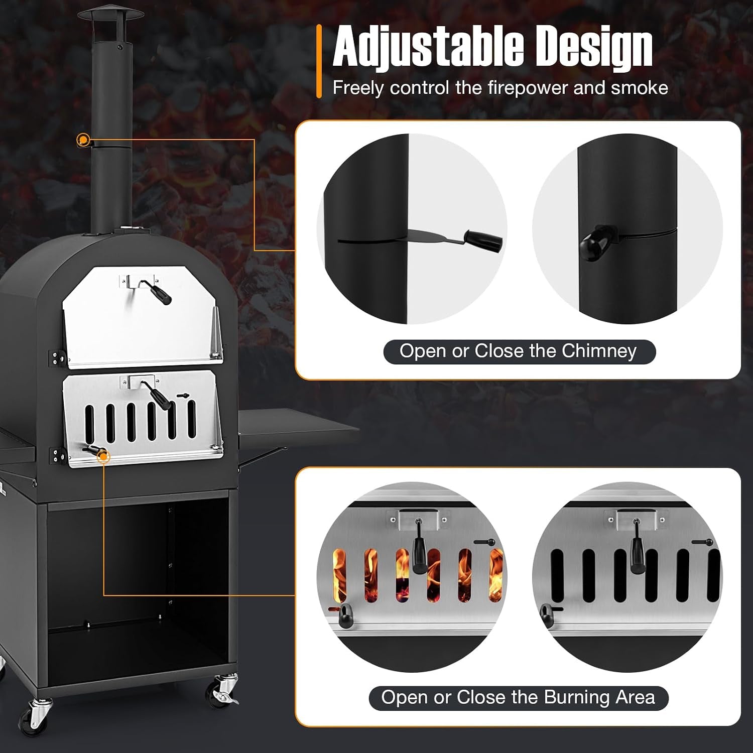 Outdoor Pizza Oven Wood Fired, Pizza Maker on Wheels | 2 Side Tables, Built-In Thermometer, Pizza Stone, Pizza Peel, Cover, Cooking Grids, for Camping Backyard BBQ Party