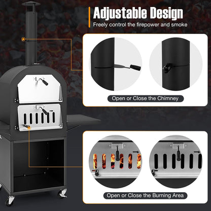 Outdoor Pizza Oven Wood Fired, Pizza Maker on Wheels | 2 Side Tables, Built-In Thermometer, Pizza Stone, Pizza Peel, Cover, Cooking Grids, for Camping Backyard BBQ Party
