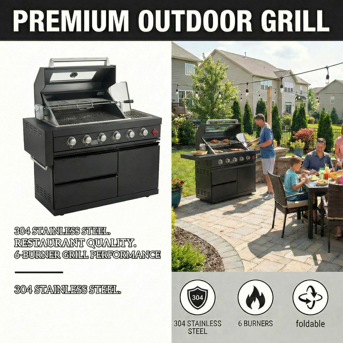 46" Deluxe Stainless Steel Freestanding Gas Grill with Granite Countertop & Rotisserie