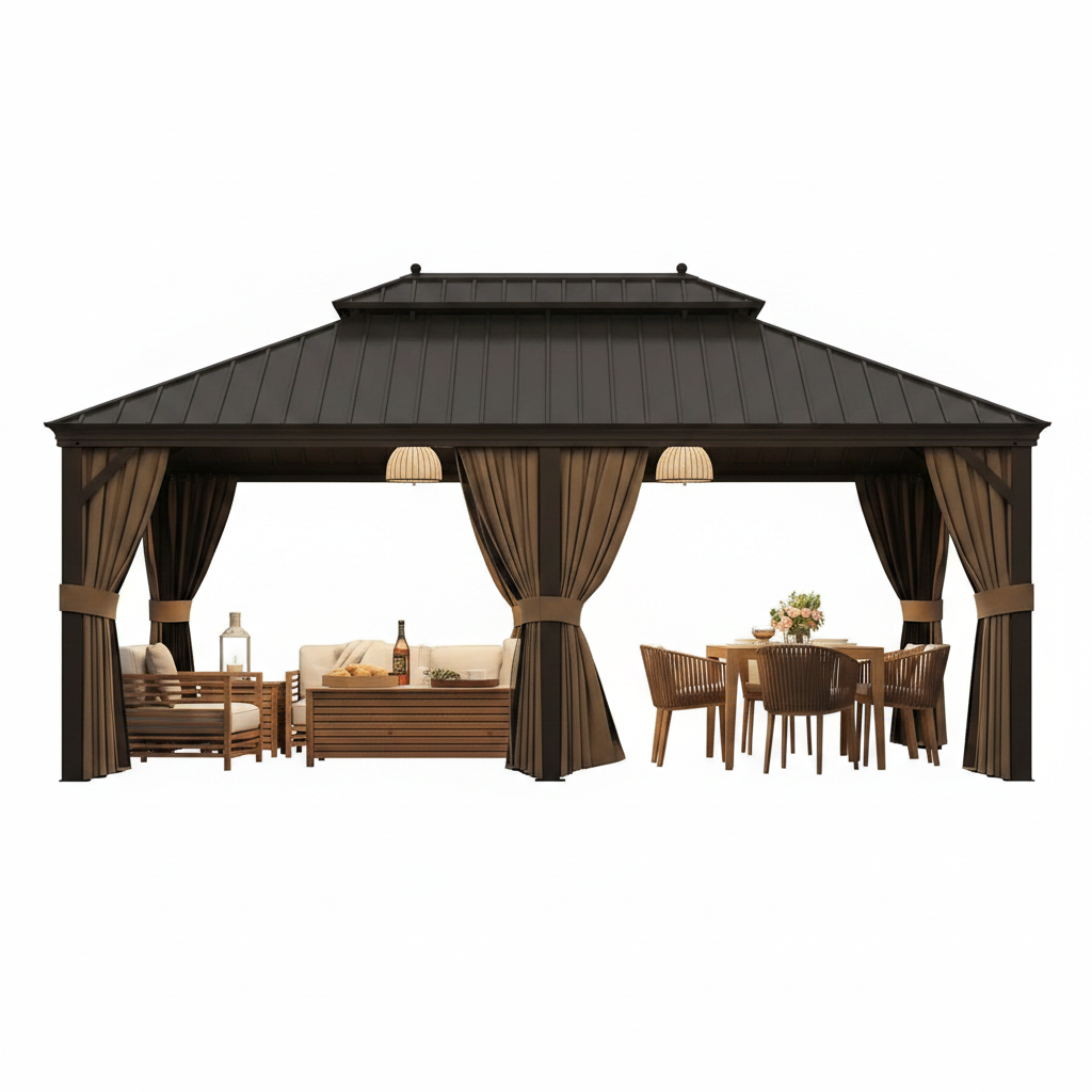 14' × 20' Aluminum Hardtop Gazebo with Double Steel Roof, Curtains & Netting