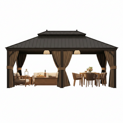 14' × 20' Aluminum Hardtop Gazebo with Double Steel Roof, Curtains & Netting