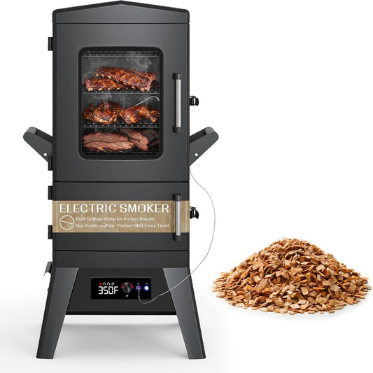 Large Vertical Electric Smoker Grill – 633 Sq in | 4-Rack BBQ Smoker with Built-In Meat Probe, Wood Chip Loader &Weather-Resistant Cover – Perfect for Steak, Fish, Ribs (Black)