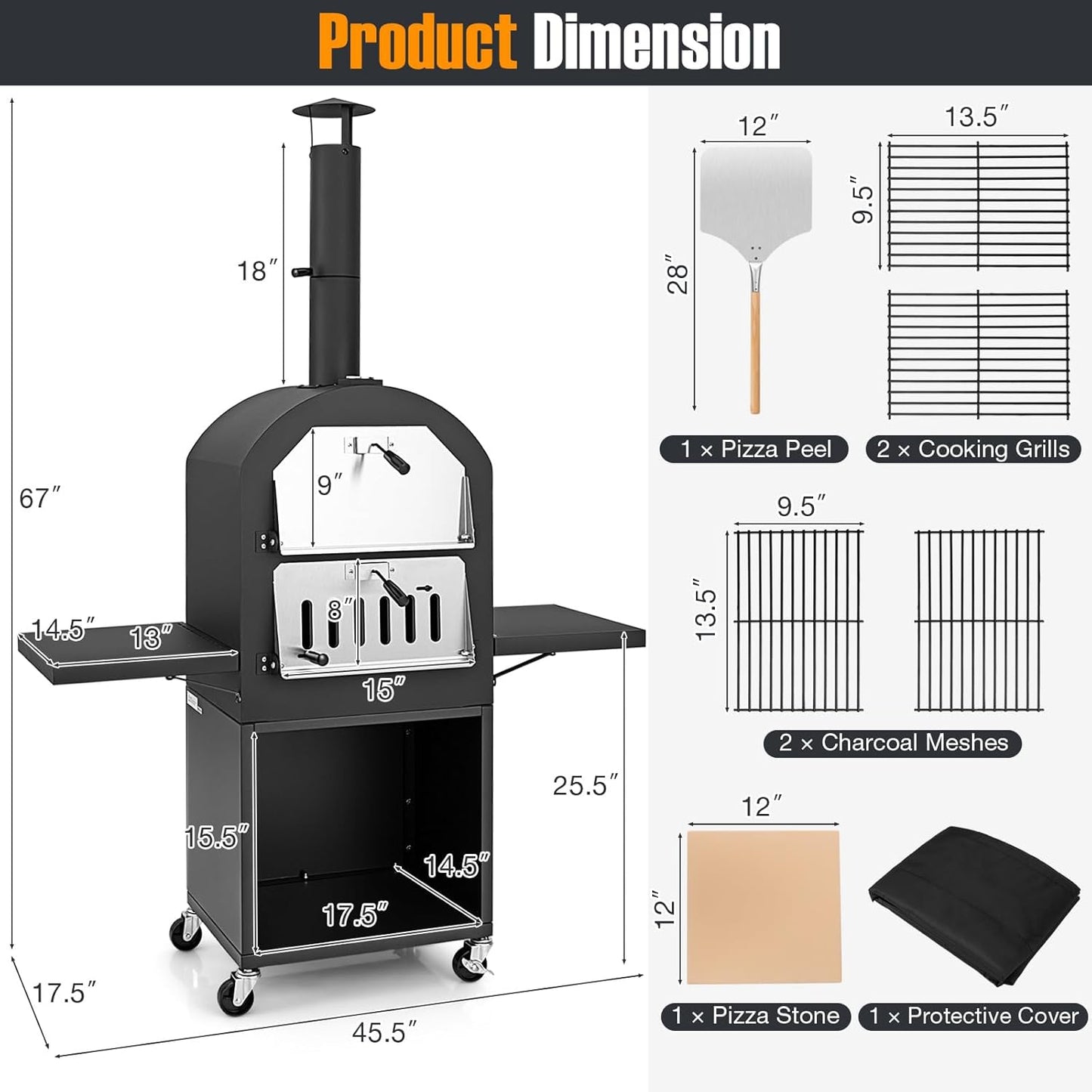 Outdoor Pizza Oven Wood Fired, Pizza Maker on Wheels | 2 Side Tables, Built-In Thermometer, Pizza Stone, Pizza Peel, Cover, Cooking Grids, for Camping Backyard BBQ Party