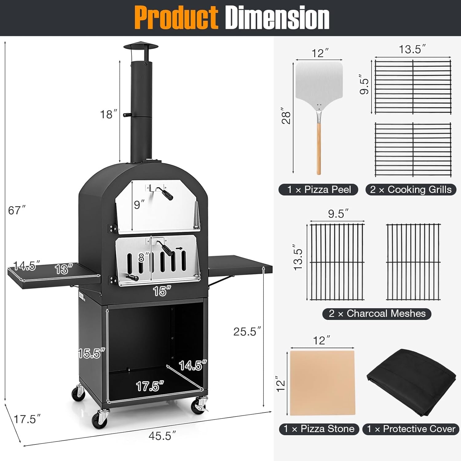Outdoor Pizza Oven Wood Fired, Pizza Maker on Wheels | 2 Side Tables, Built-In Thermometer, Pizza Stone, Pizza Peel, Cover, Cooking Grids, for Camping Backyard BBQ Party